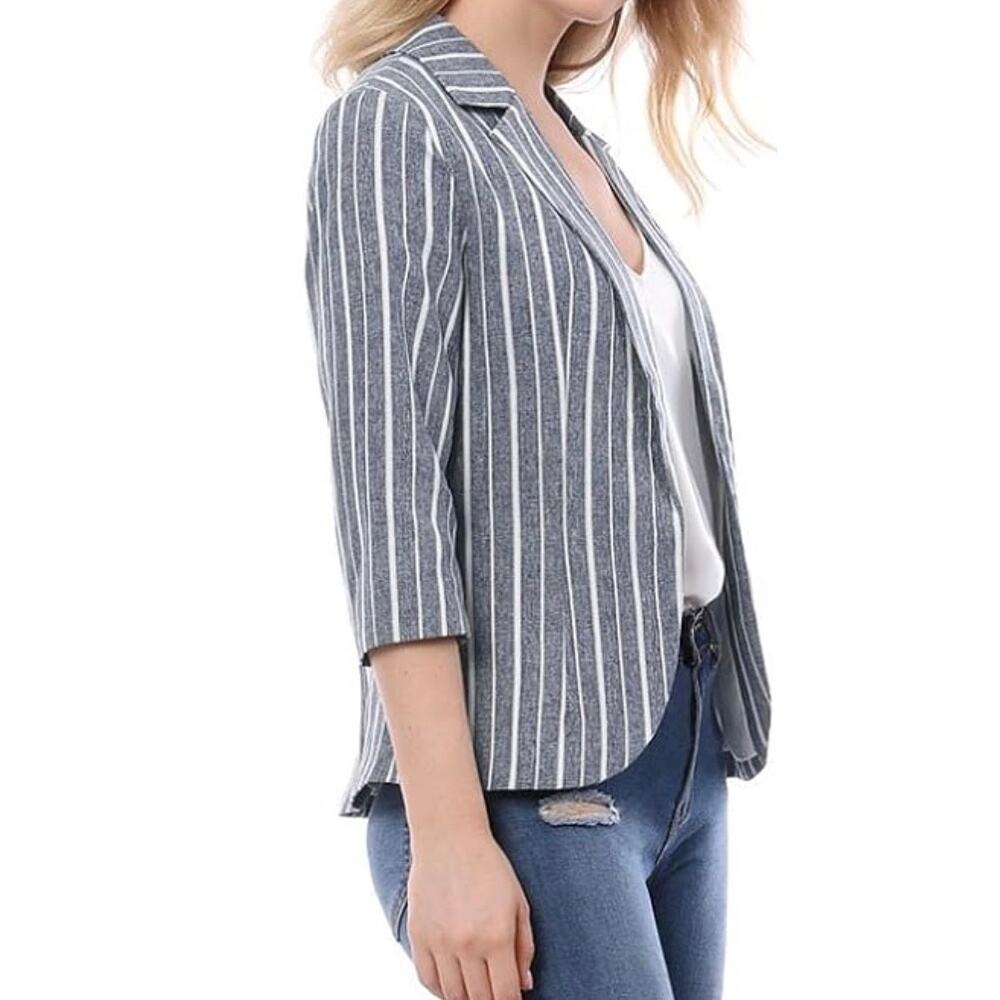 Allegra K S Casual Striped Blazer Lined Thin Gray White 3/4 Sleeve NWOT $34.99 - Picture 3 of 7